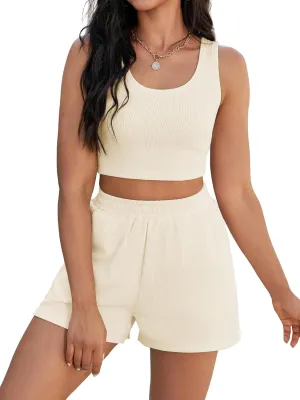 2 Piece Short Sets for Women Summer Lounge Set Ribbed Knit Crop Tank Tops Short Sets with Pocket Vacation Outfits