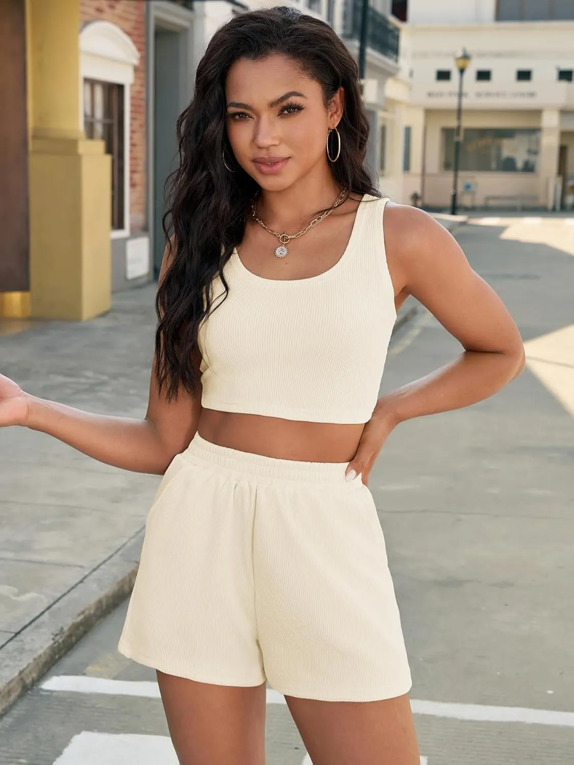 2 Piece Short Sets for Women Summer Lounge Set Ribbed Knit Crop Tank Tops Short Sets with Pocket Vacation Outfits