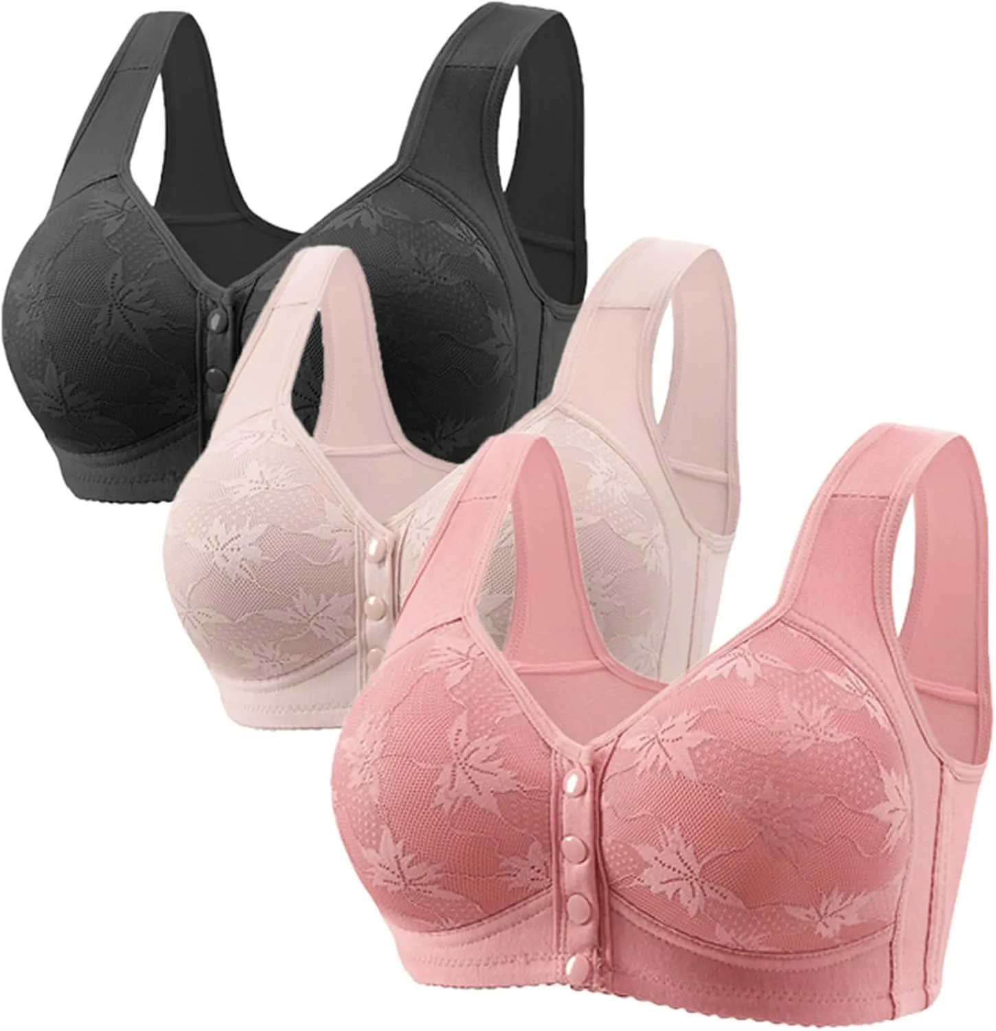 3 Pack Daisy Bras for Older Women Front Button Support and Lift Plus Size Bralettes Full Coverage Underwear