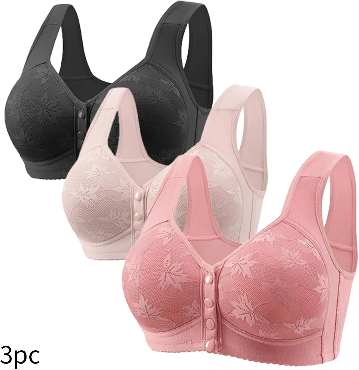 3 Pack Daisy Bras for Older Women Front Button Support and Lift Plus Size Bralettes Full Coverage Underwear