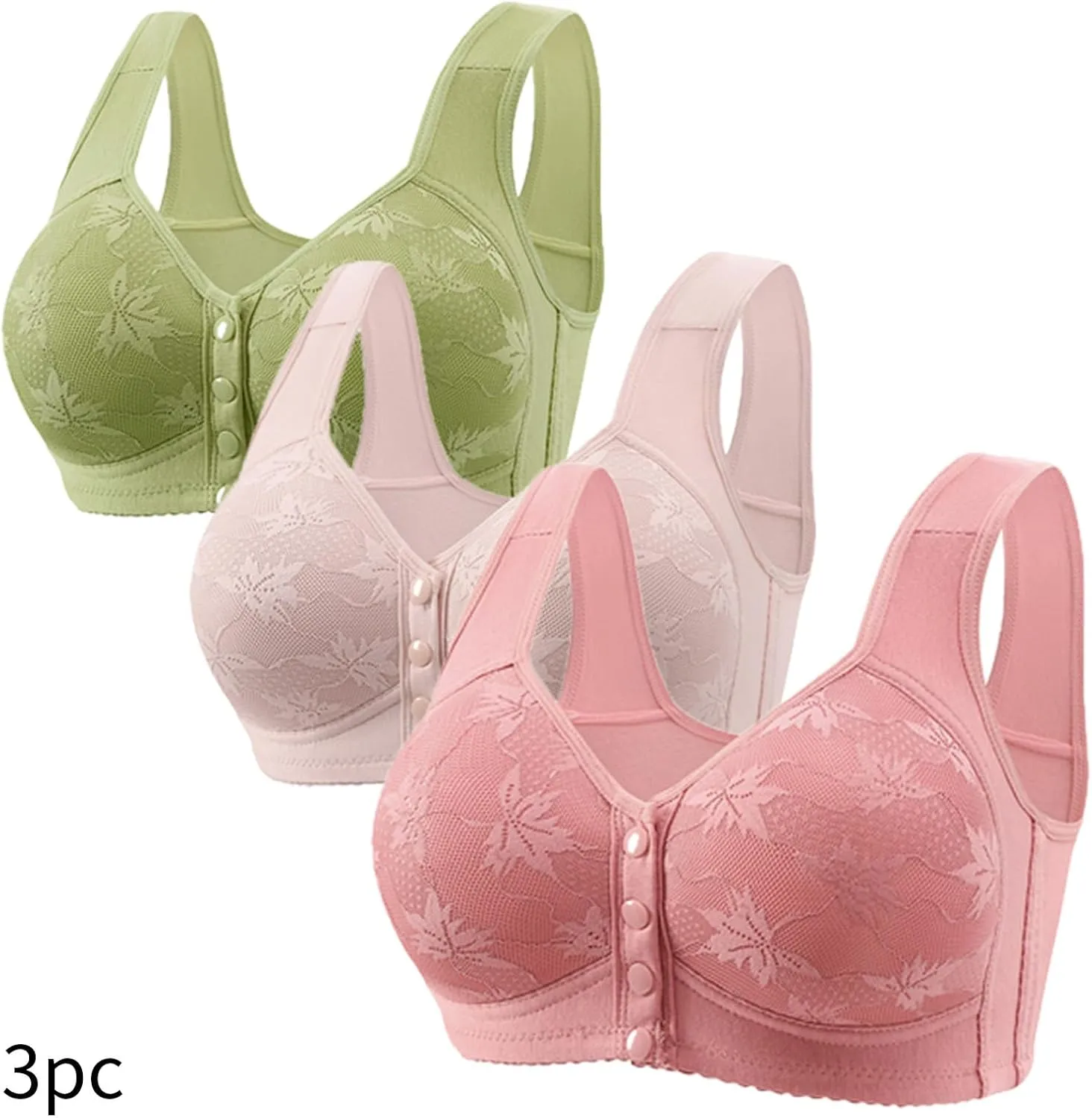 3 Pack Daisy Bras for Older Women Front Button Support and Lift Plus Size Bralettes Full Coverage Underwear