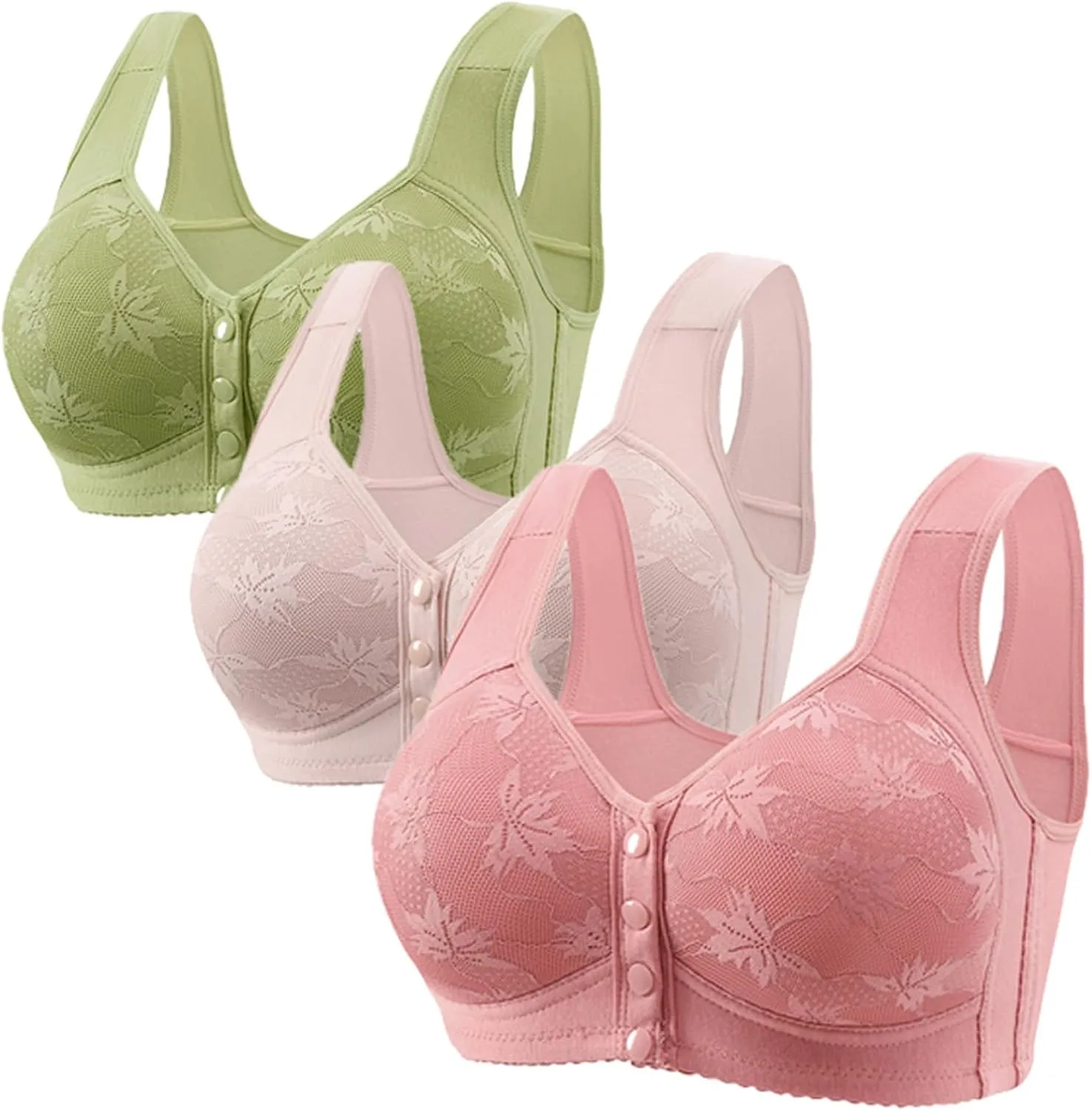 3 Pack Daisy Bras for Older Women Front Button Support and Lift Plus Size Bralettes Full Coverage Underwear