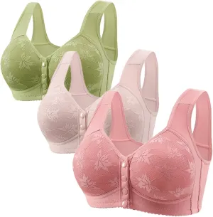 3 Pack Daisy Bras for Older Women Front Button Support and Lift Plus Size Bralettes Full Coverage Underwear