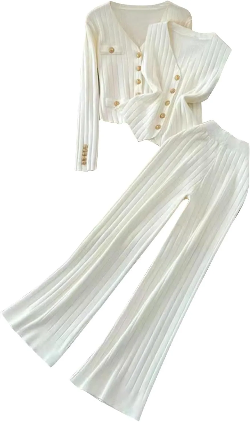 3 Piece Outfits for Women Button Ribbed Loungewear Sets Sweater Sets Cable Knitted Sweater and Vest Wide Leg Trousers
