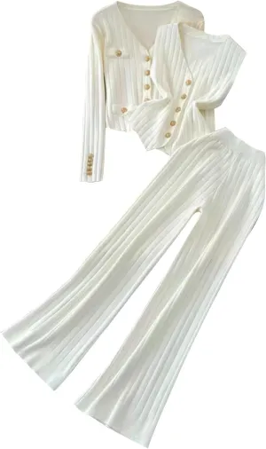 3 Piece Outfits for Women Button Ribbed Loungewear Sets Sweater Sets Cable Knitted Sweater and Vest Wide Leg Trousers