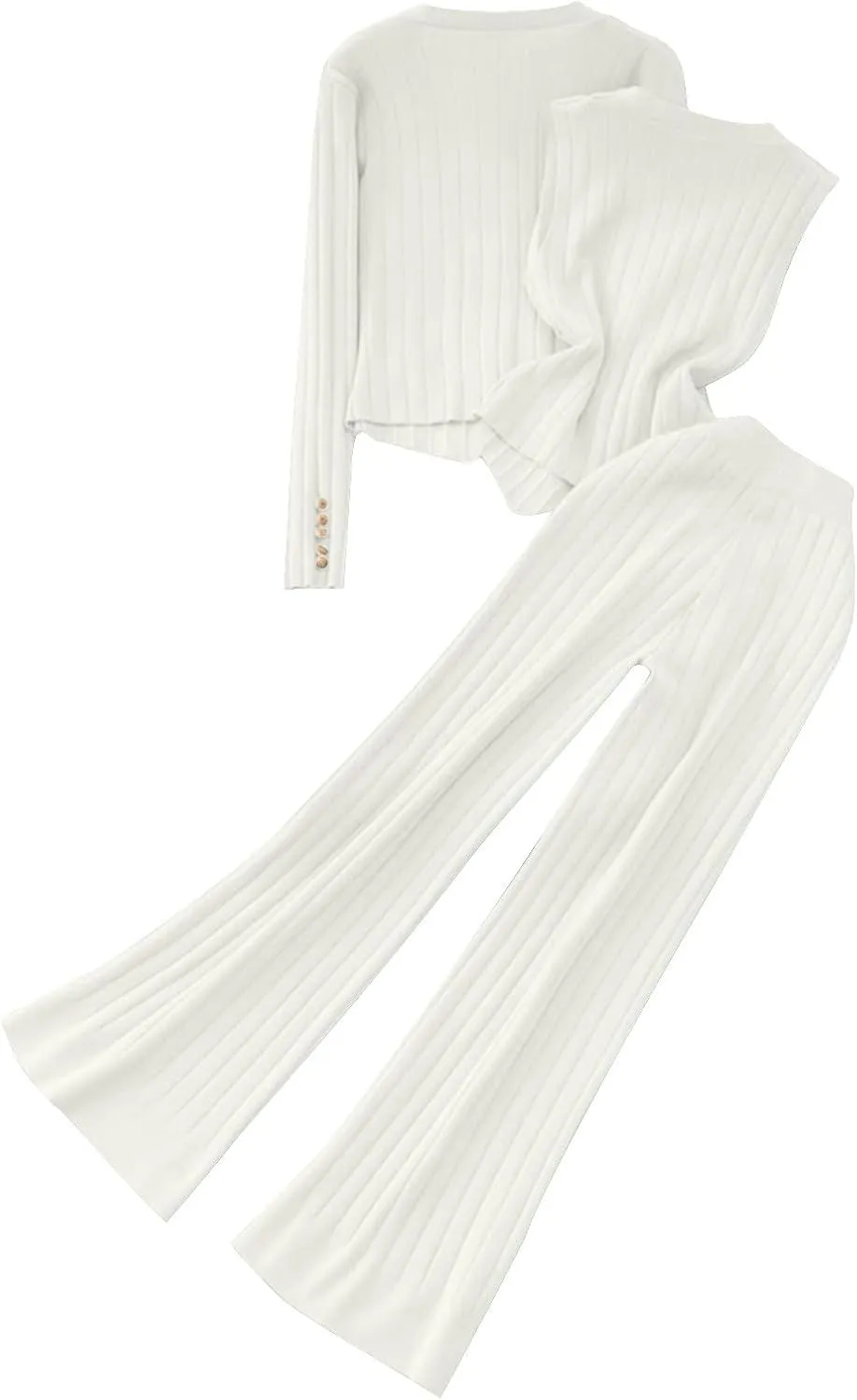 3 Piece Outfits for Women Button Ribbed Loungewear Sets Sweater Sets Cable Knitted Sweater and Vest Wide Leg Trousers