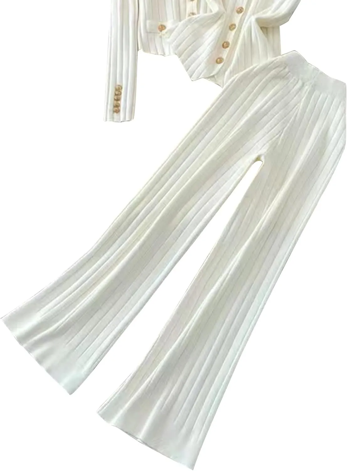 3 Piece Outfits for Women Button Ribbed Loungewear Sets Sweater Sets Cable Knitted Sweater and Vest Wide Leg Trousers
