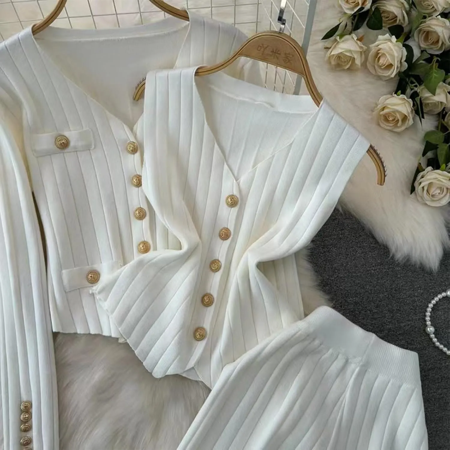 3 Piece Outfits for Women Button Ribbed Loungewear Sets Sweater Sets Cable Knitted Sweater and Vest Wide Leg Trousers