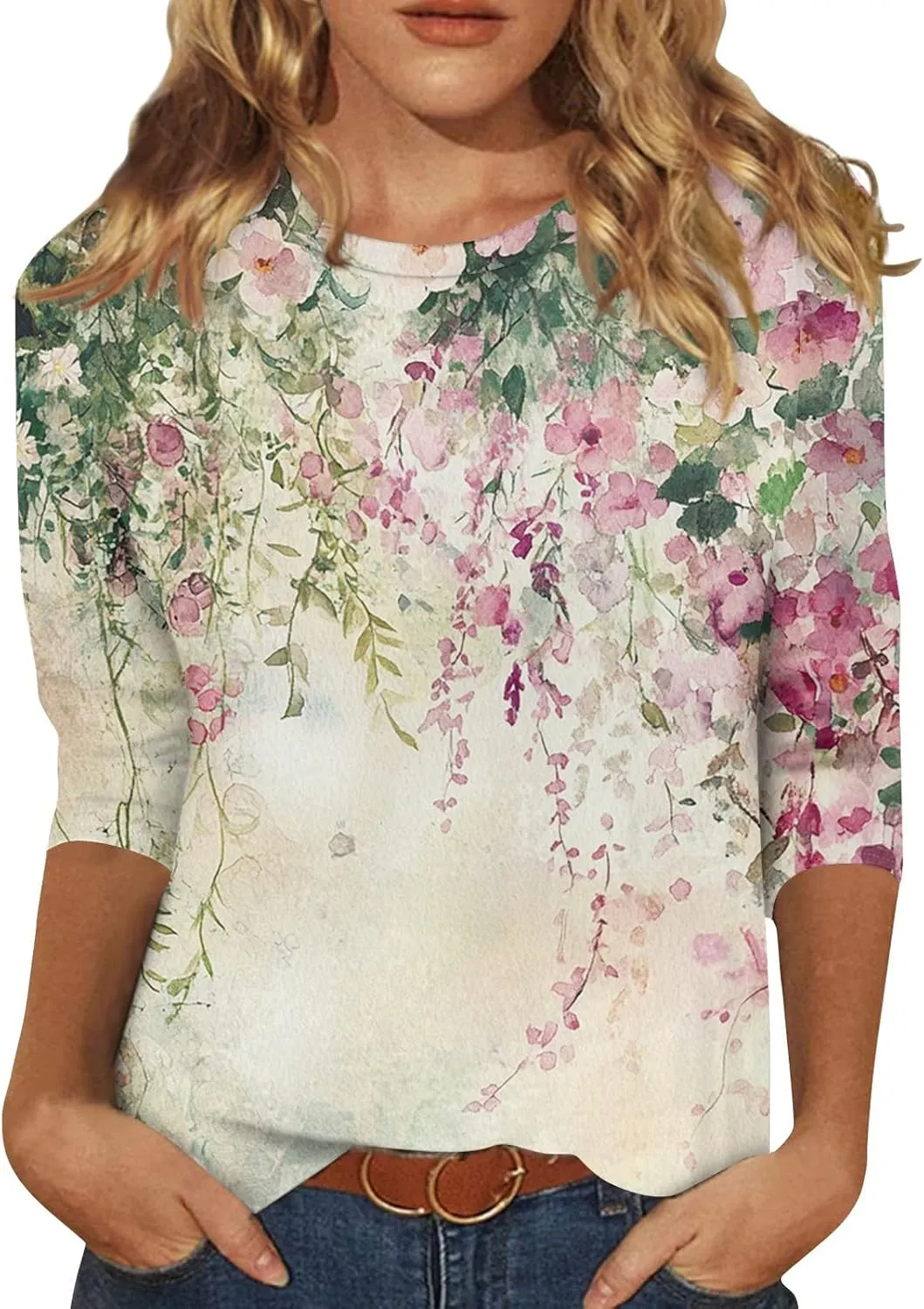 3/4 Length Sleeve Womens Tops Women's Casual Round Neck Tunic Tops Basic Tees Blouses Loose Fit Business Work Tee 2025 Summer