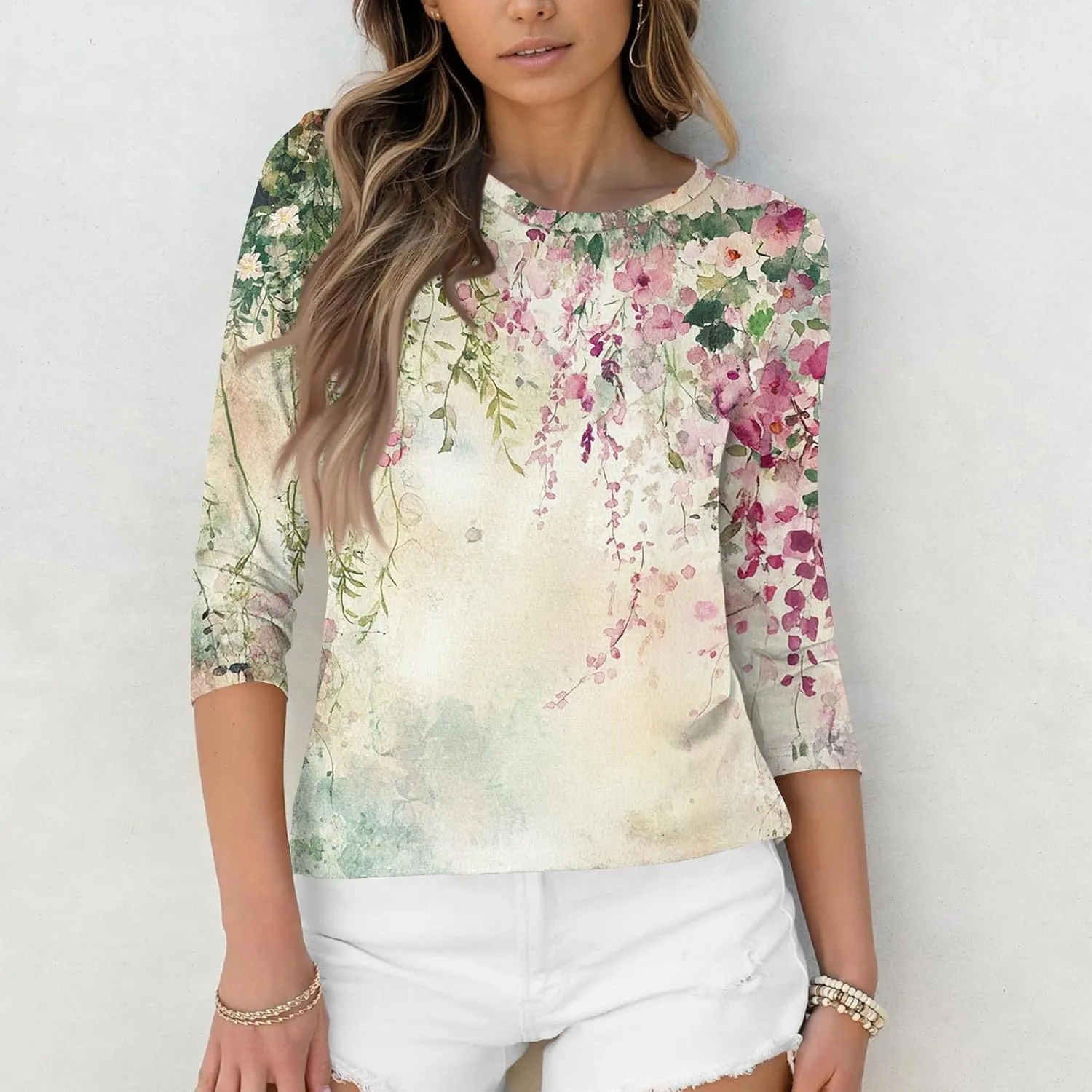 3/4 Length Sleeve Womens Tops Women's Casual Round Neck Tunic Tops Basic Tees Blouses Loose Fit Business Work Tee 2025 Summer