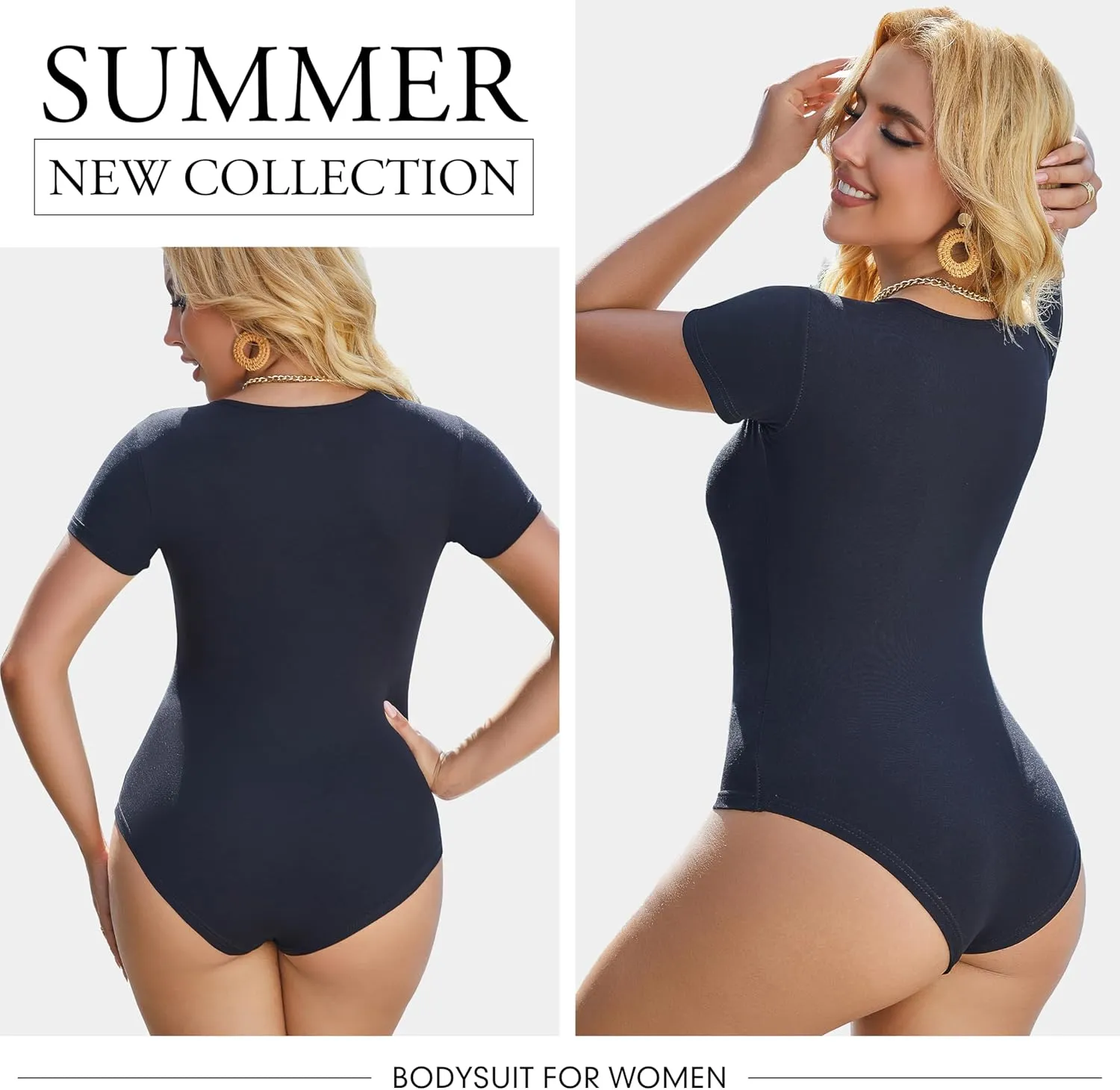 5 Pack Short Sleeve Bodysuits for Women Square Neck Casual Stretchy Basic Body Suits Tops T Shirts