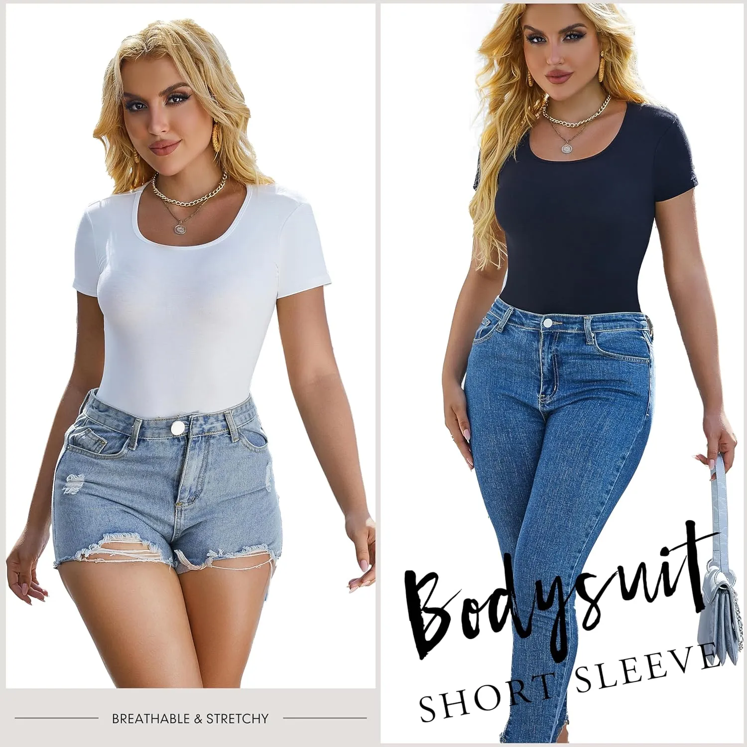 5 Pack Short Sleeve Bodysuits for Women Square Neck Casual Stretchy Basic Body Suits Tops T Shirts