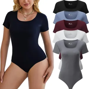 5 Pack Short Sleeve Bodysuits for Women Square Neck Casual Stretchy Basic Body Suits Tops T Shirts