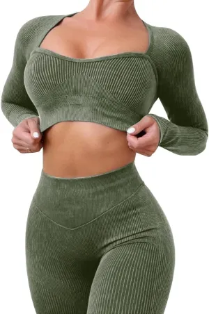 ABOCIW Workout Sets for Women Seamless Ribbed Sweetheart Neck Long Sleeve Crop Top Scrunch Butt High Wasit Legging Sets