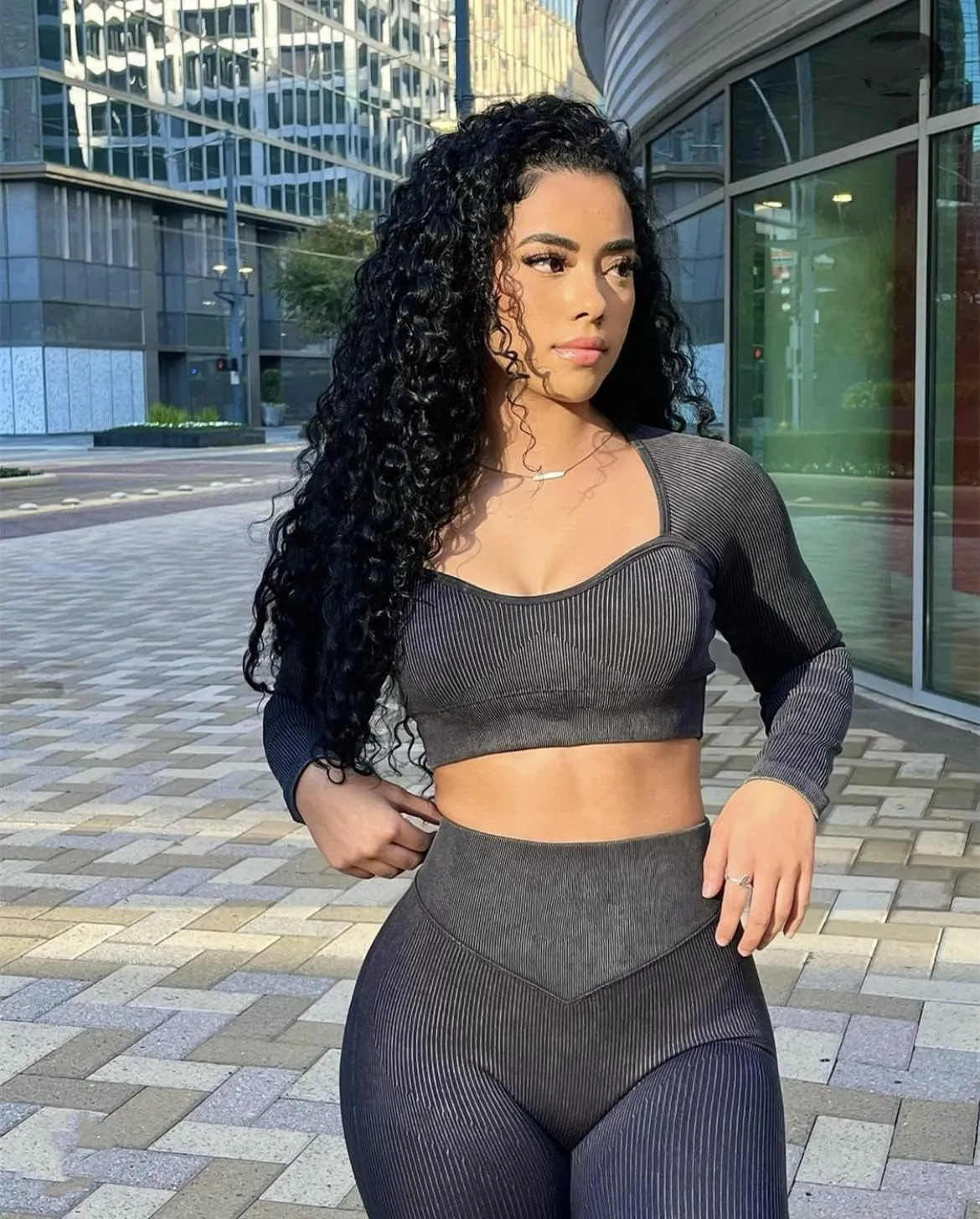 ABOCIW Workout Sets for Women Seamless Ribbed Sweetheart Neck Long Sleeve Crop Top Scrunch Butt High Wasit Legging Sets