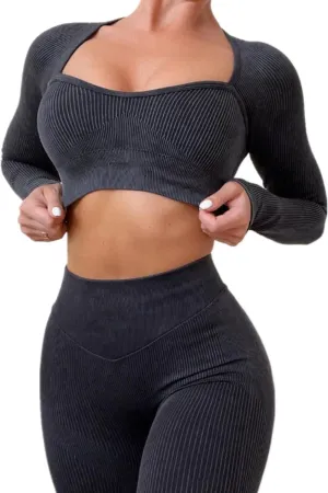 ABOCIW Workout Sets for Women Seamless Ribbed Sweetheart Neck Long Sleeve Crop Top Scrunch Butt High Wasit Legging Sets
