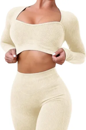 ABOCIW Workout Sets for Women Seamless Ribbed Sweetheart Neck Long Sleeve Crop Top Scrunch Butt High Wasit Legging Sets