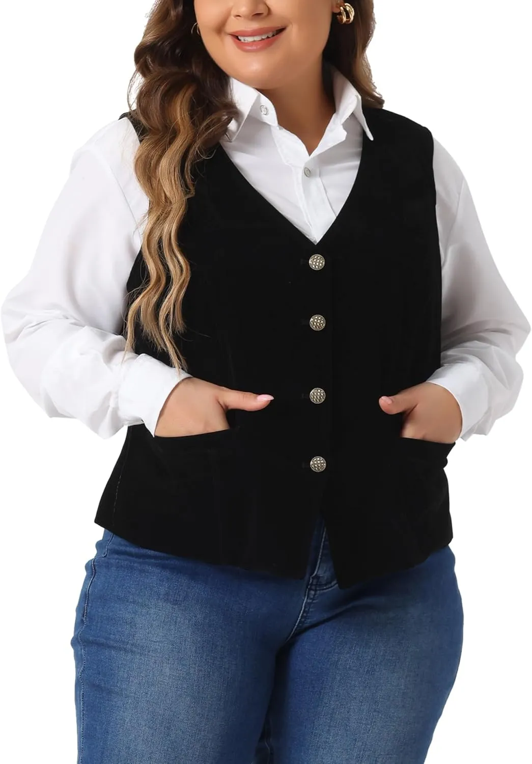 Agnes Orinda Plus Size Vests for Women Waistcoat Steampunk Velvet Sleeveless Button Down V Neck Suit Vests