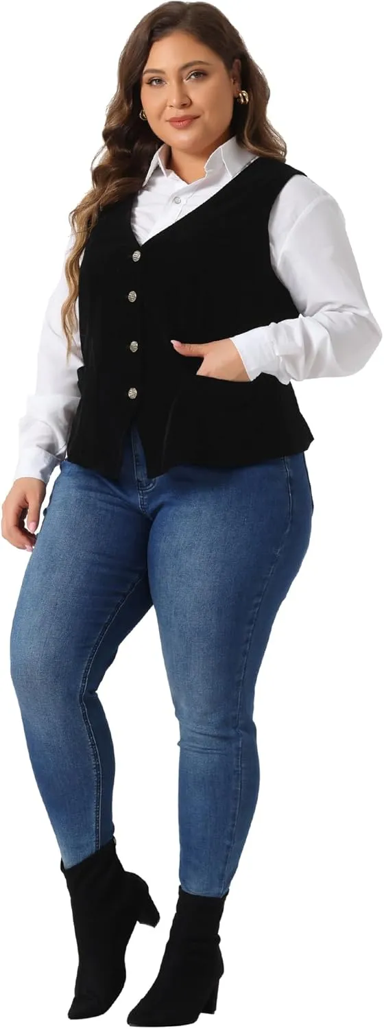 Agnes Orinda Plus Size Vests for Women Waistcoat Steampunk Velvet Sleeveless Button Down V Neck Suit Vests