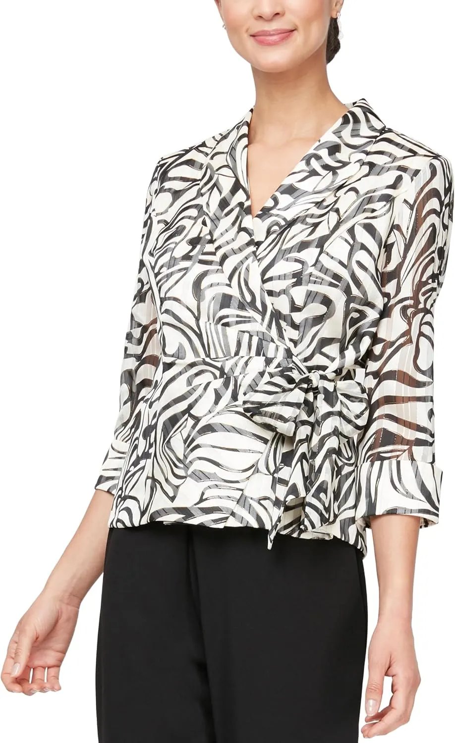 Alex Evenings Women's Printed Side Close Blouse, Ivory/Black