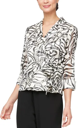 Alex Evenings Women's Printed Side Close Blouse, Ivory/Black