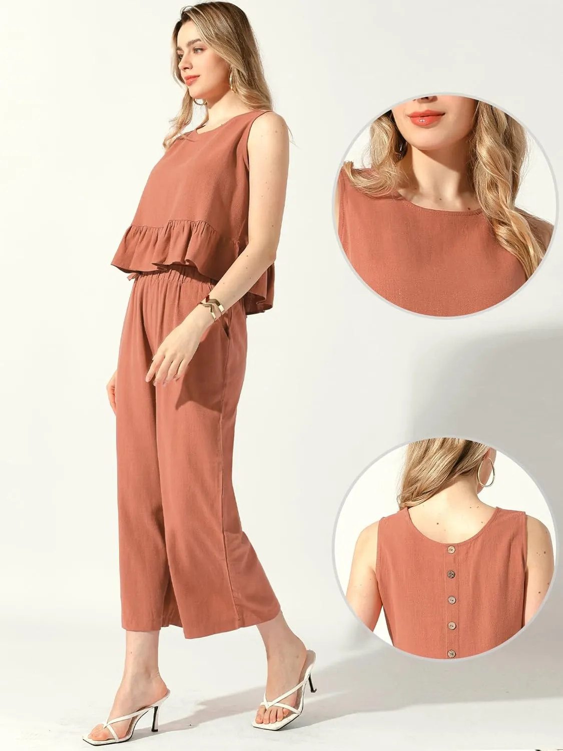 Allegra K 2 Piece Sets for Women Summer Linen Ruffles Crop Tank Tops Cropped Pants Lounge Sets 2 Piece Outfits