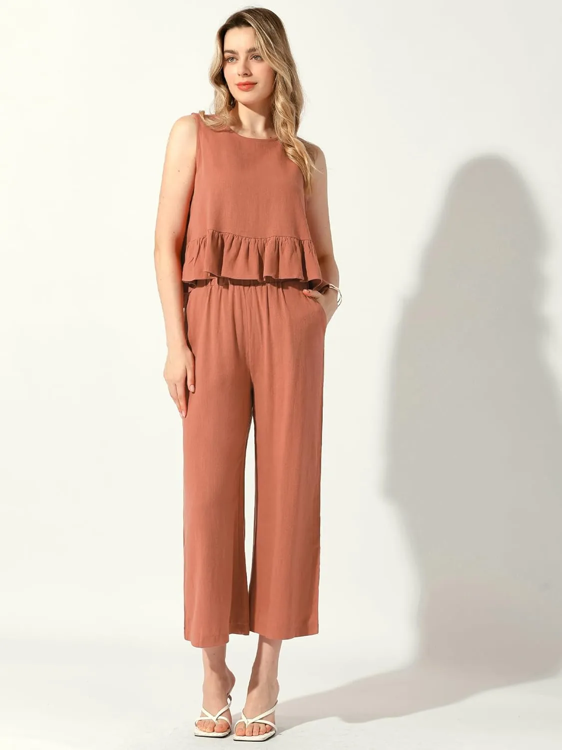 Allegra K 2 Piece Sets for Women Summer Linen Ruffles Crop Tank Tops Cropped Pants Lounge Sets 2 Piece Outfits