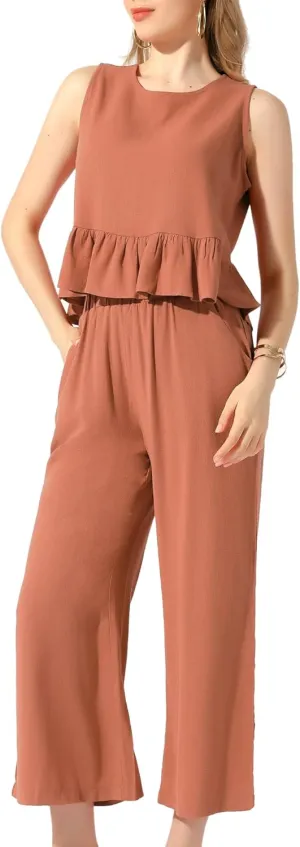Allegra K 2 Piece Sets for Women Summer Linen Ruffles Crop Tank Tops Cropped Pants Lounge Sets 2 Piece Outfits