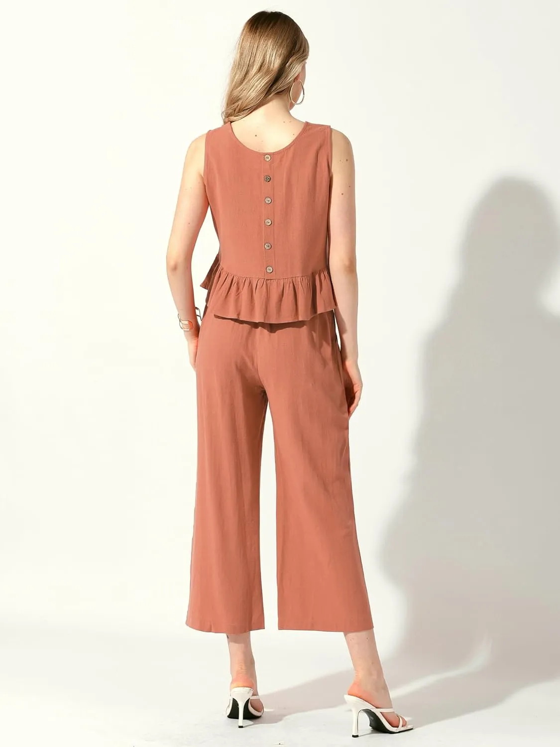 Allegra K 2 Piece Sets for Women Summer Linen Ruffles Crop Tank Tops Cropped Pants Lounge Sets 2 Piece Outfits