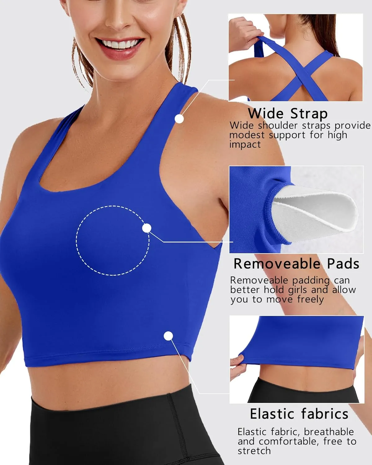 AngiMelo Womens Longline Sports Bra Square Neck Workout Tops Support Crop Tank Strappy Yoga Top Built in Bra Teens