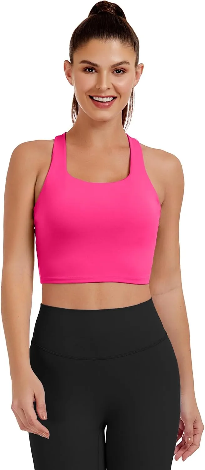 AngiMelo Womens Longline Sports Bra Square Neck Workout Tops Support Crop Tank Strappy Yoga Top Built in Bra Teens