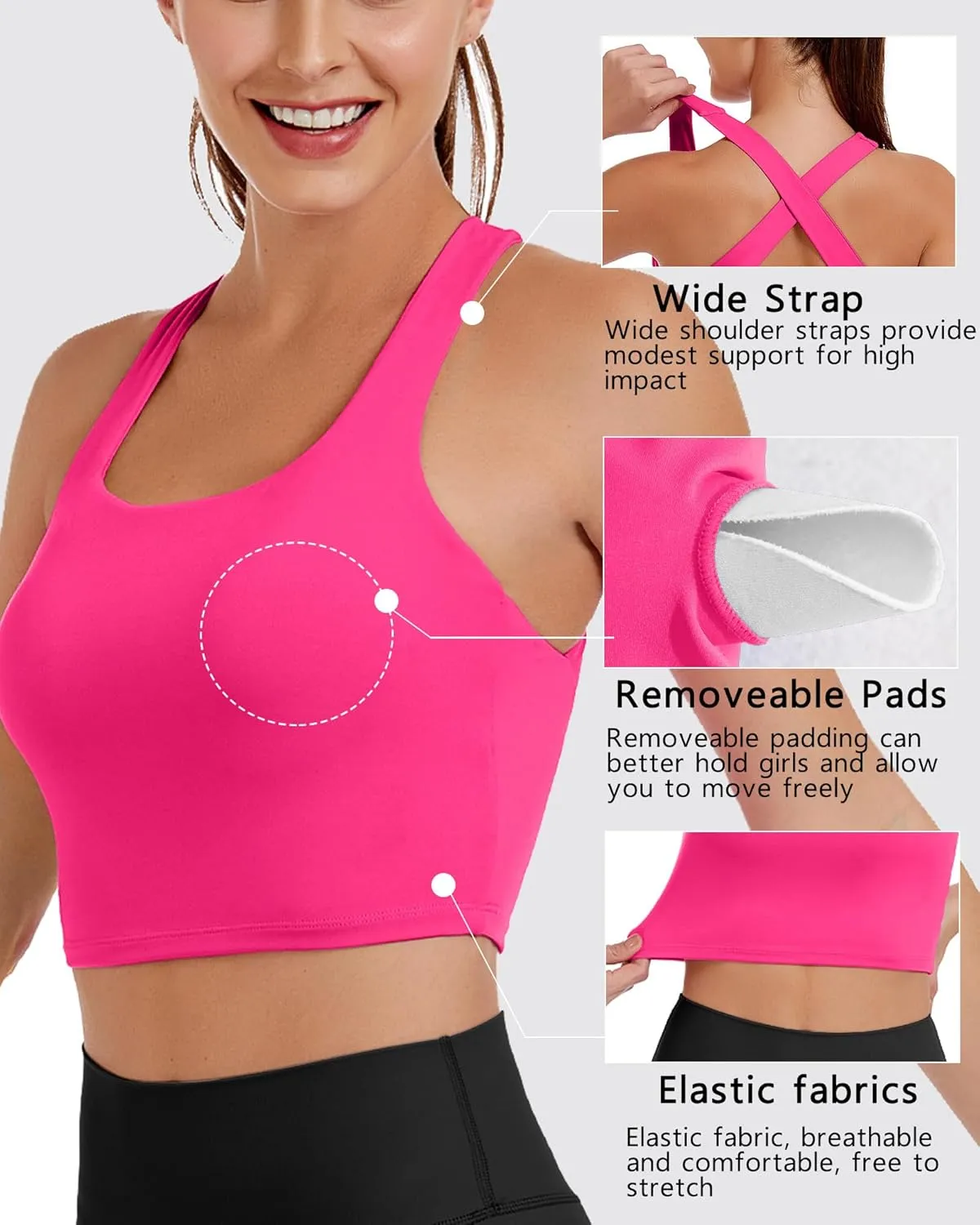 AngiMelo Womens Longline Sports Bra Square Neck Workout Tops Support Crop Tank Strappy Yoga Top Built in Bra Teens