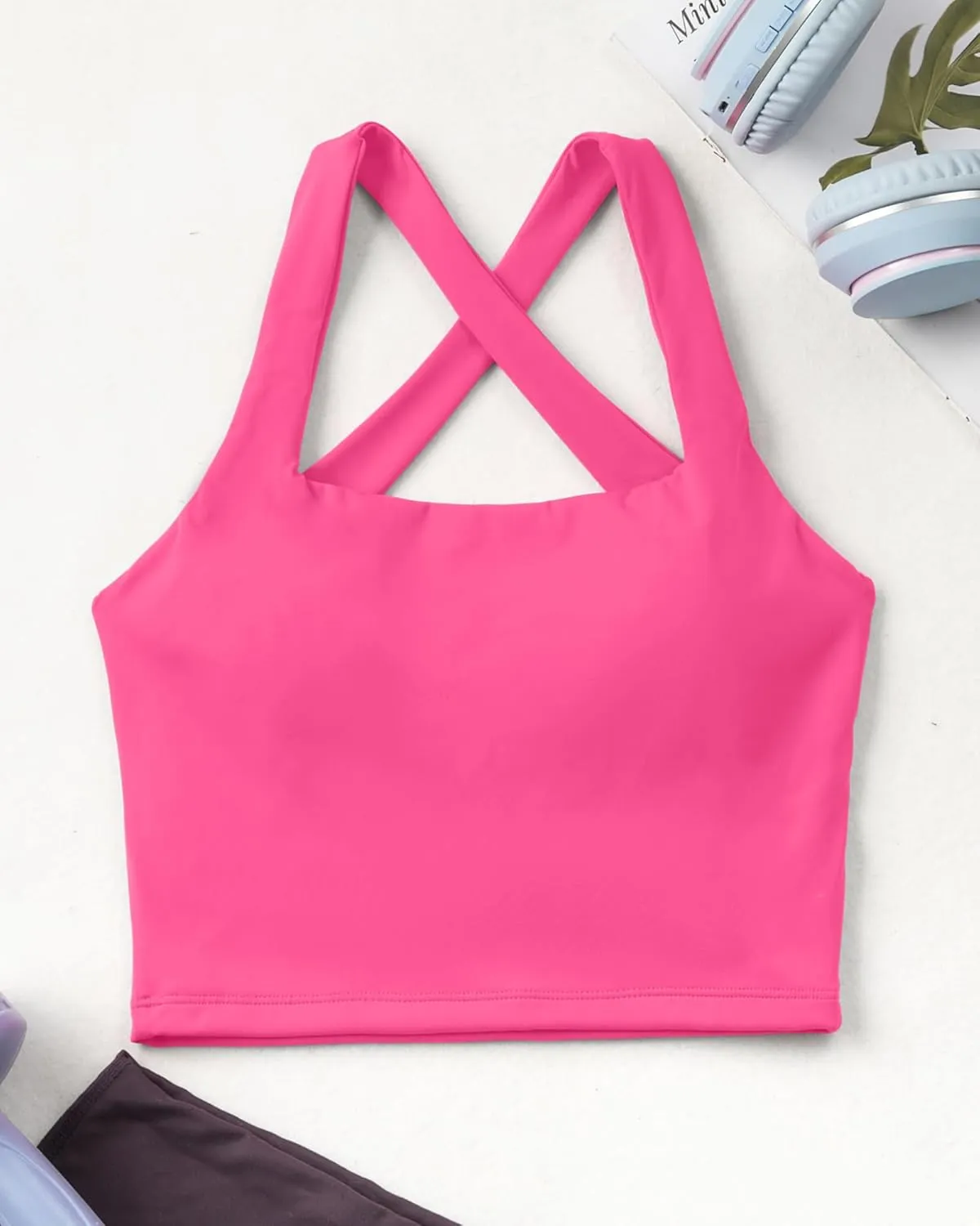 AngiMelo Womens Longline Sports Bra Square Neck Workout Tops Support Crop Tank Strappy Yoga Top Built in Bra Teens