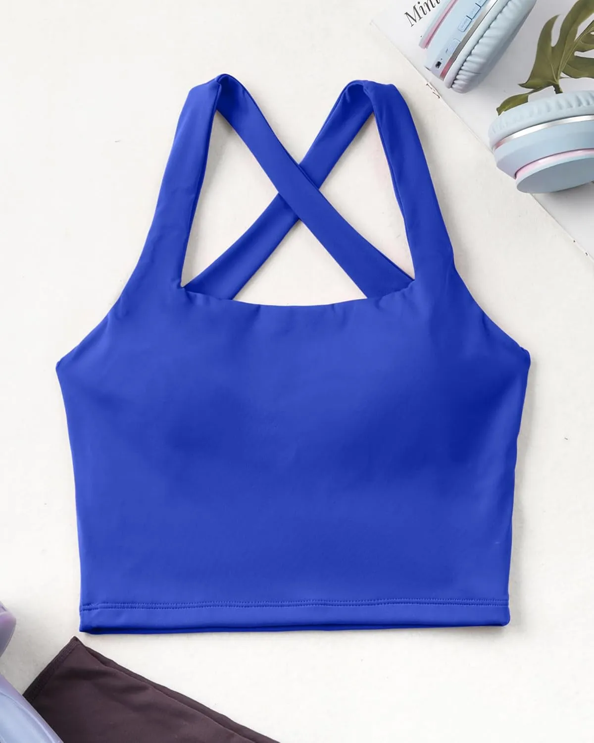 AngiMelo Womens Longline Sports Bra Square Neck Workout Tops Support Crop Tank Strappy Yoga Top Built in Bra Teens