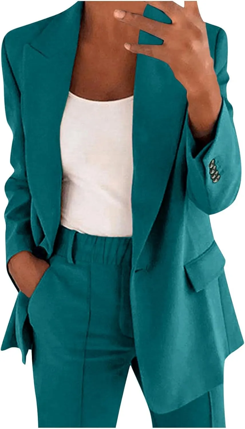 Aniywn Blazer Sets Women 2 Piece Outfits Plus Size Women Business Casual Sets Dressy Blazer Jackets Straight Leg Pants Suits