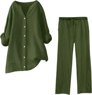 Aniywn Plus Size Wide Leg Lounge Sets Women 2 Piece Outfits Womens Cotton Linen Outfits Button Long Sleeve Tops Pants Sets
