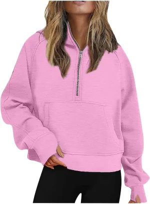 Aniywn Sweatshirts for Women Cropped Hoodies Half Zip Fleece Pullover Quarter Zipper Hoodies Outfits Clothes with Thumb Hole