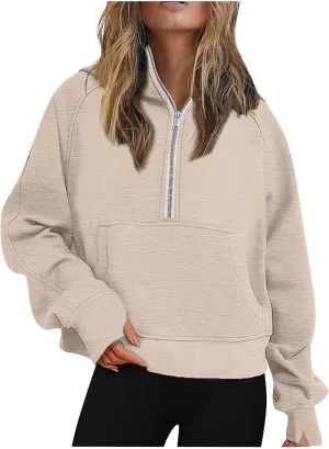 Aniywn Sweatshirts for Women Cropped Hoodies Half Zip Fleece Pullover Quarter Zipper Hoodies Outfits Clothes with Thumb Hole