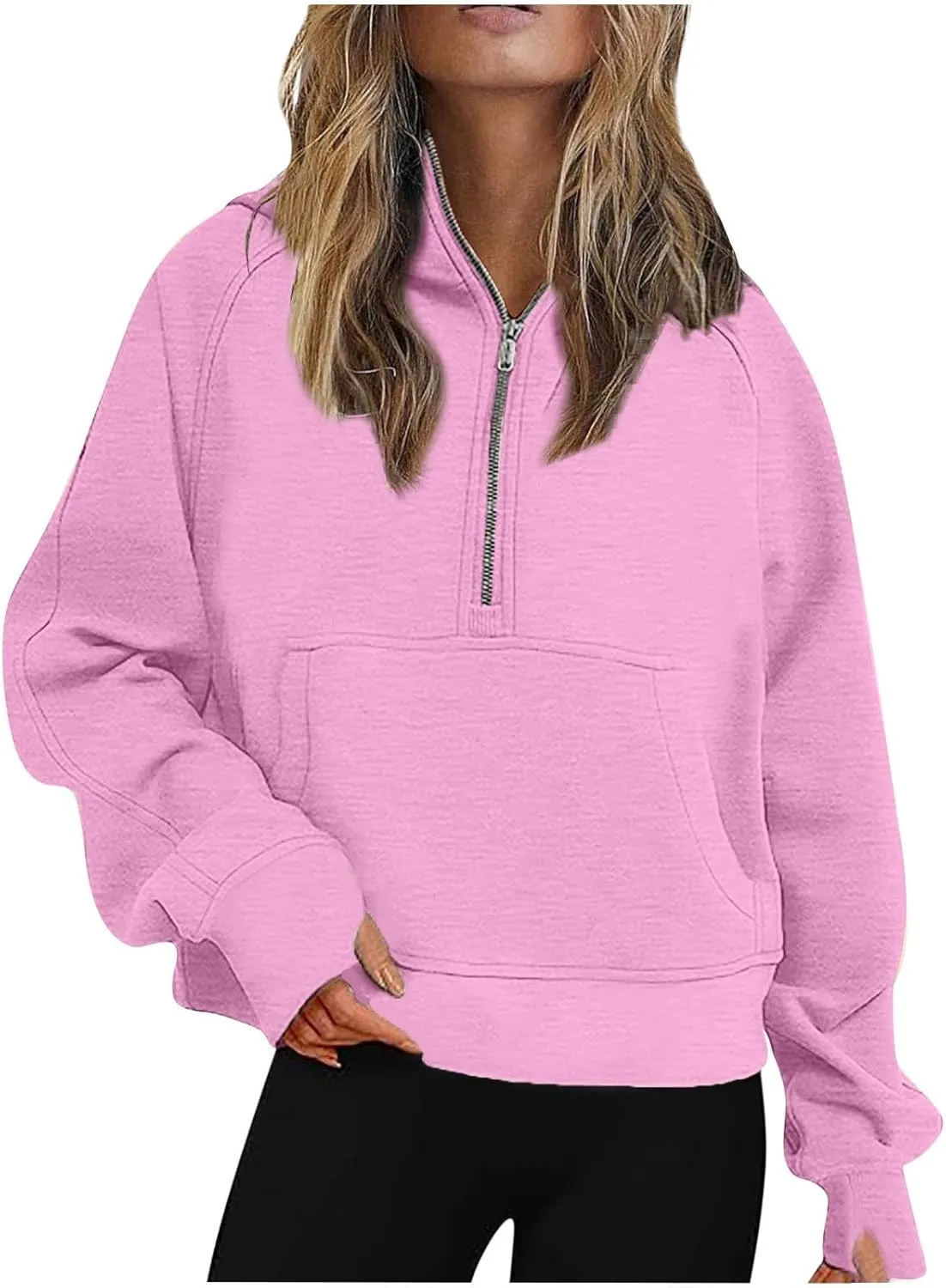 Aniywn Sweatshirts for Women Cropped Hoodies Half Zip Fleece Pullover Quarter Zipper Hoodies Outfits Clothes with Thumb Hole
