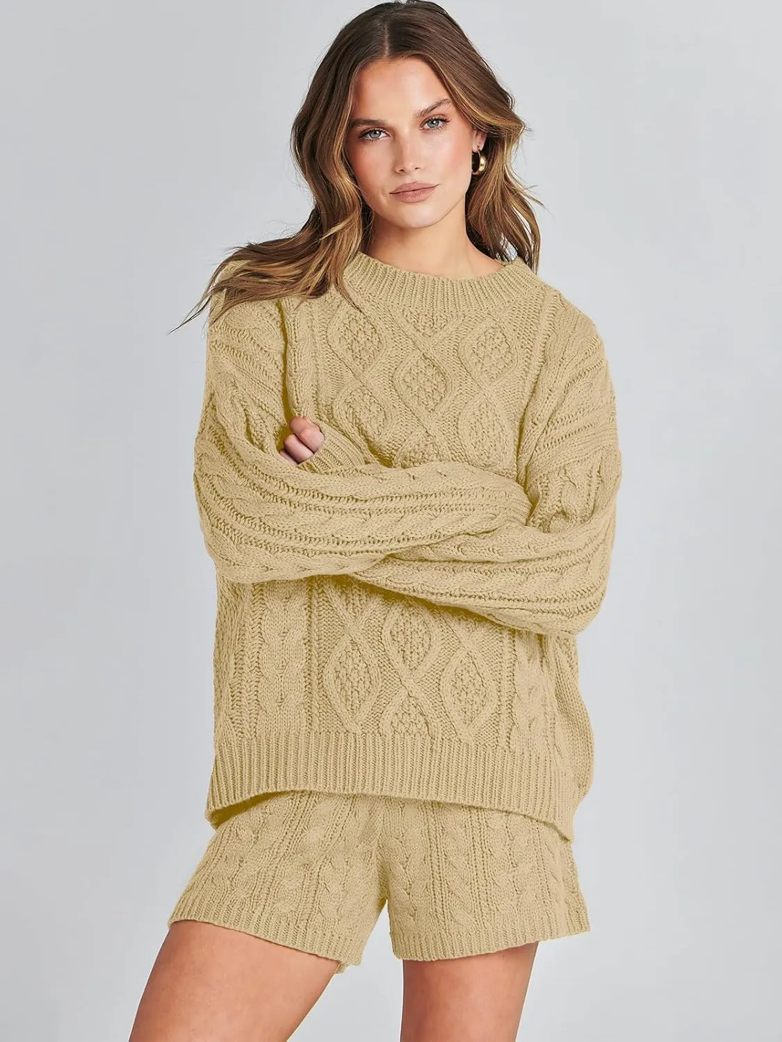 ANRABESS Women 2 Piece Outfits Sweater Lounge Loungewear Sets Spring Cable Knit Oversized Sweaters Short Pants Matching Sets