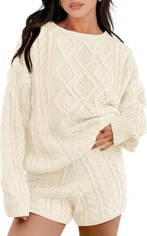 ANRABESS Women 2 Piece Outfits Sweater Lounge Loungewear Sets Spring Cable Knit Oversized Sweaters Short Pants Matching Sets