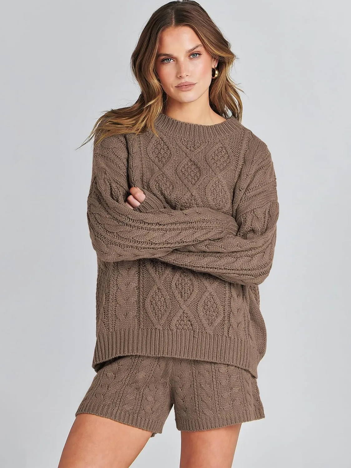 ANRABESS Women 2 Piece Outfits Sweater Lounge Loungewear Sets Spring Cable Knit Oversized Sweaters Short Pants Matching Sets