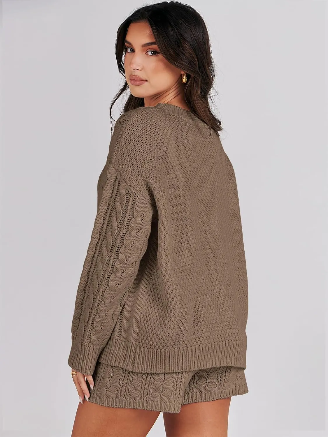 ANRABESS Women 2 Piece Outfits Sweater Lounge Loungewear Sets Spring Cable Knit Oversized Sweaters Short Pants Matching Sets