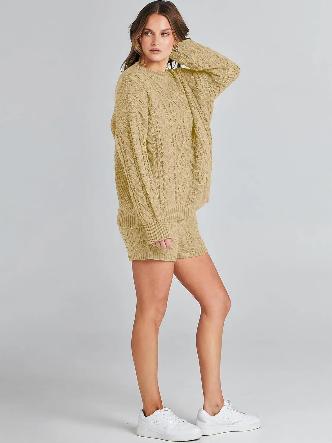 ANRABESS Women 2 Piece Outfits Sweater Lounge Loungewear Sets Spring Cable Knit Oversized Sweaters Short Pants Matching Sets