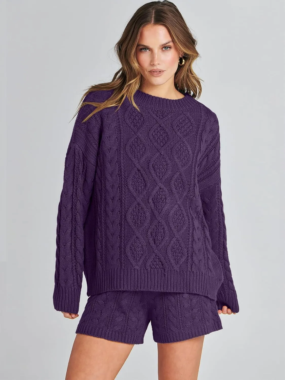 ANRABESS Women 2 Piece Outfits Sweater Lounge Loungewear Sets Spring Cable Knit Oversized Sweaters Short Pants Matching Sets