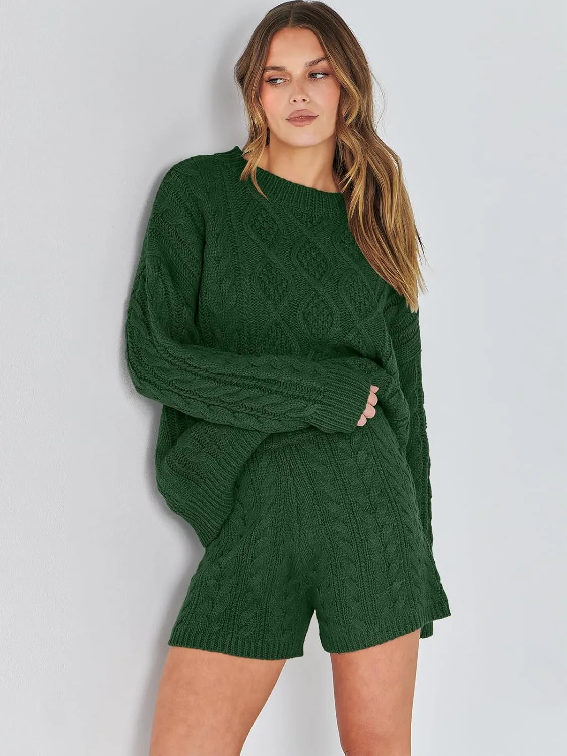 ANRABESS Women 2 Piece Outfits Sweater Lounge Loungewear Sets Spring Cable Knit Oversized Sweaters Short Pants Matching Sets