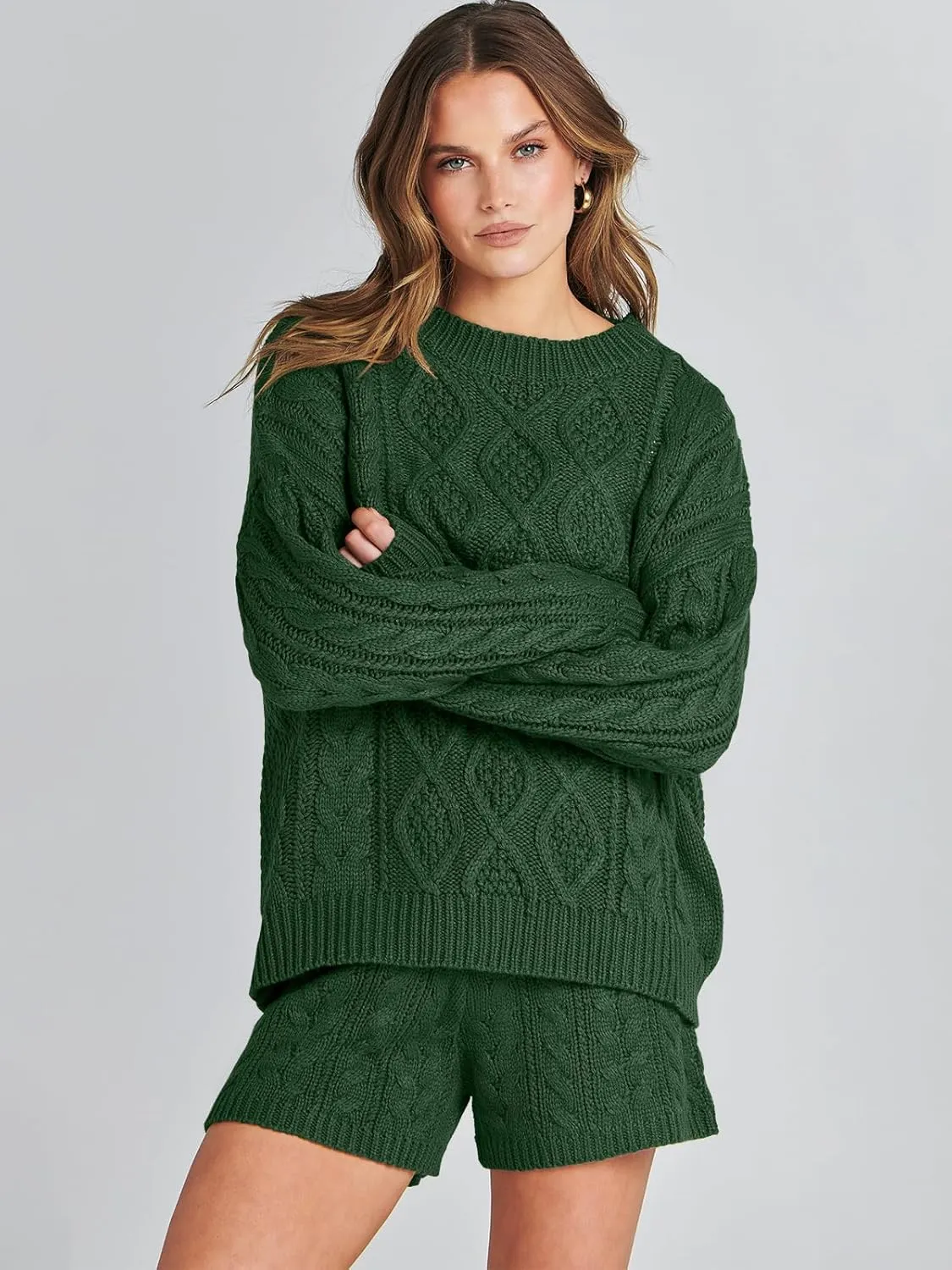 ANRABESS Women 2 Piece Outfits Sweater Lounge Loungewear Sets Spring Cable Knit Oversized Sweaters Short Pants Matching Sets