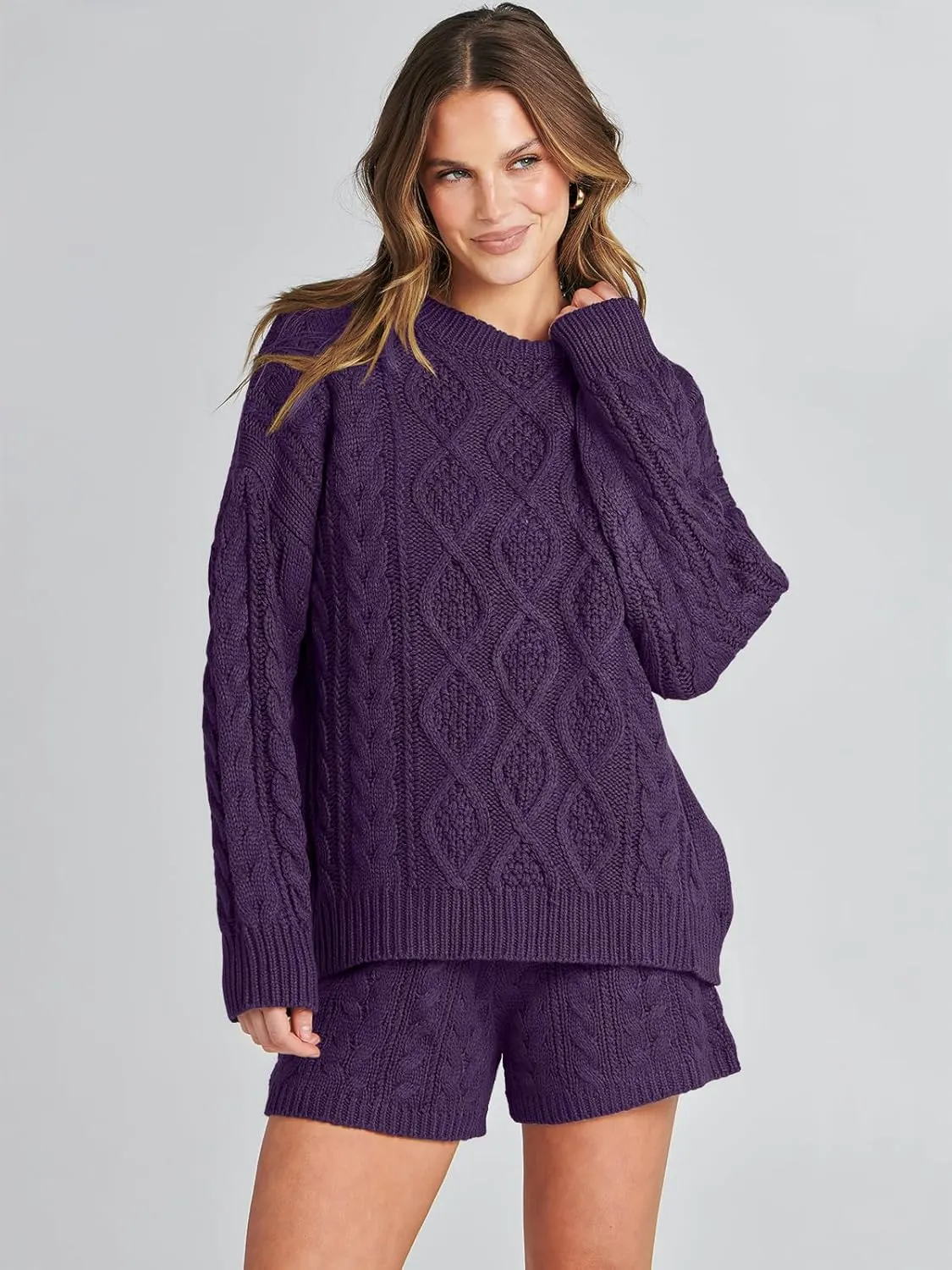 ANRABESS Women 2 Piece Outfits Sweater Lounge Loungewear Sets Spring Cable Knit Oversized Sweaters Short Pants Matching Sets