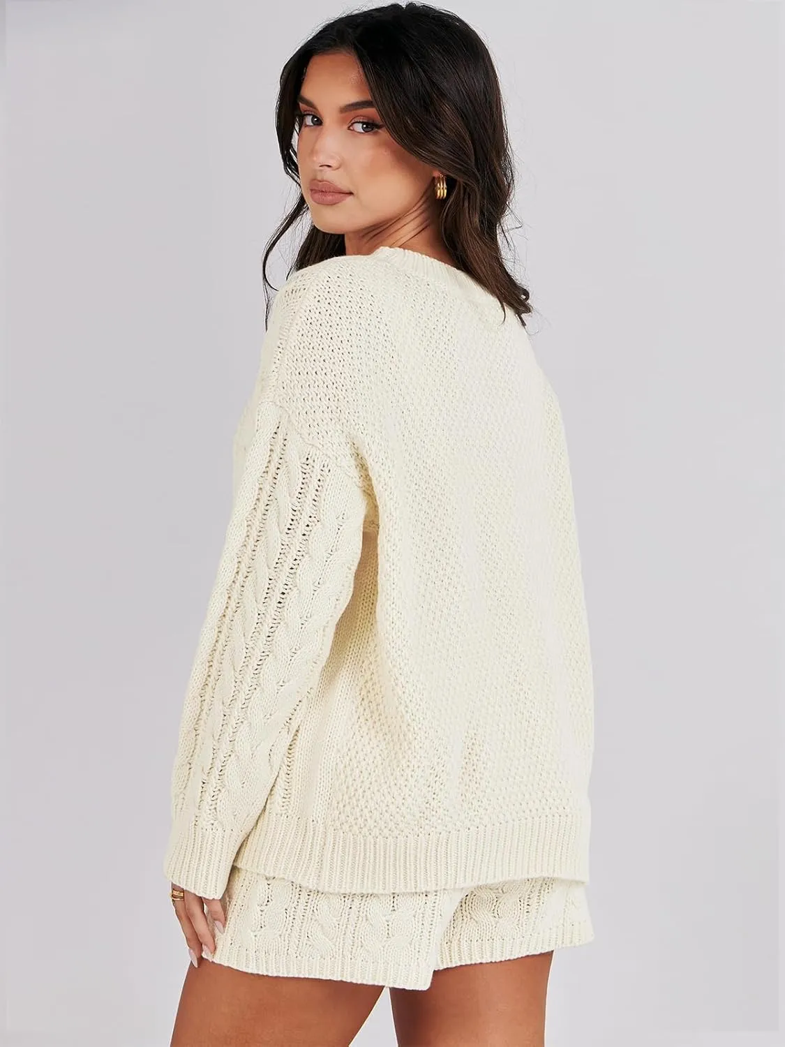 ANRABESS Women 2 Piece Outfits Sweater Lounge Loungewear Sets Spring Cable Knit Oversized Sweaters Short Pants Matching Sets