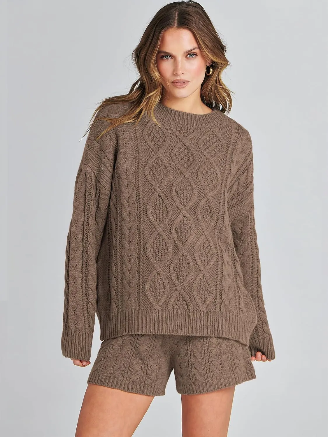 ANRABESS Women 2 Piece Outfits Sweater Lounge Loungewear Sets Spring Cable Knit Oversized Sweaters Short Pants Matching Sets